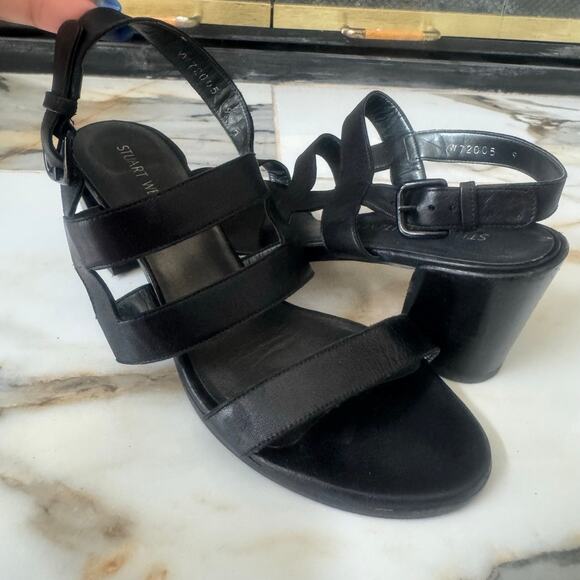 Stuart Weitzman Milanese Black Leather Strappy Block Heel Sandals Shoes Size 9 - Picture 1 of 8